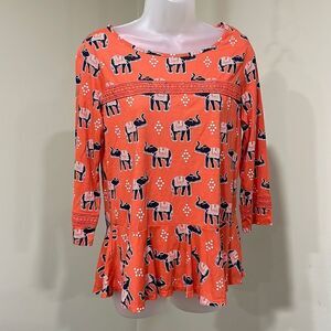 NWOT Crown & Ivy Orange Navy Elephant Blouse.  Size M medium 8/10